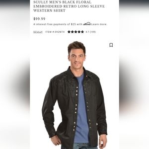 SCULLY MEN'S BLACK FLORAL EMBROIDERED RETRO LONG SLEEVE WESTERN SHIRT, Sz Medium